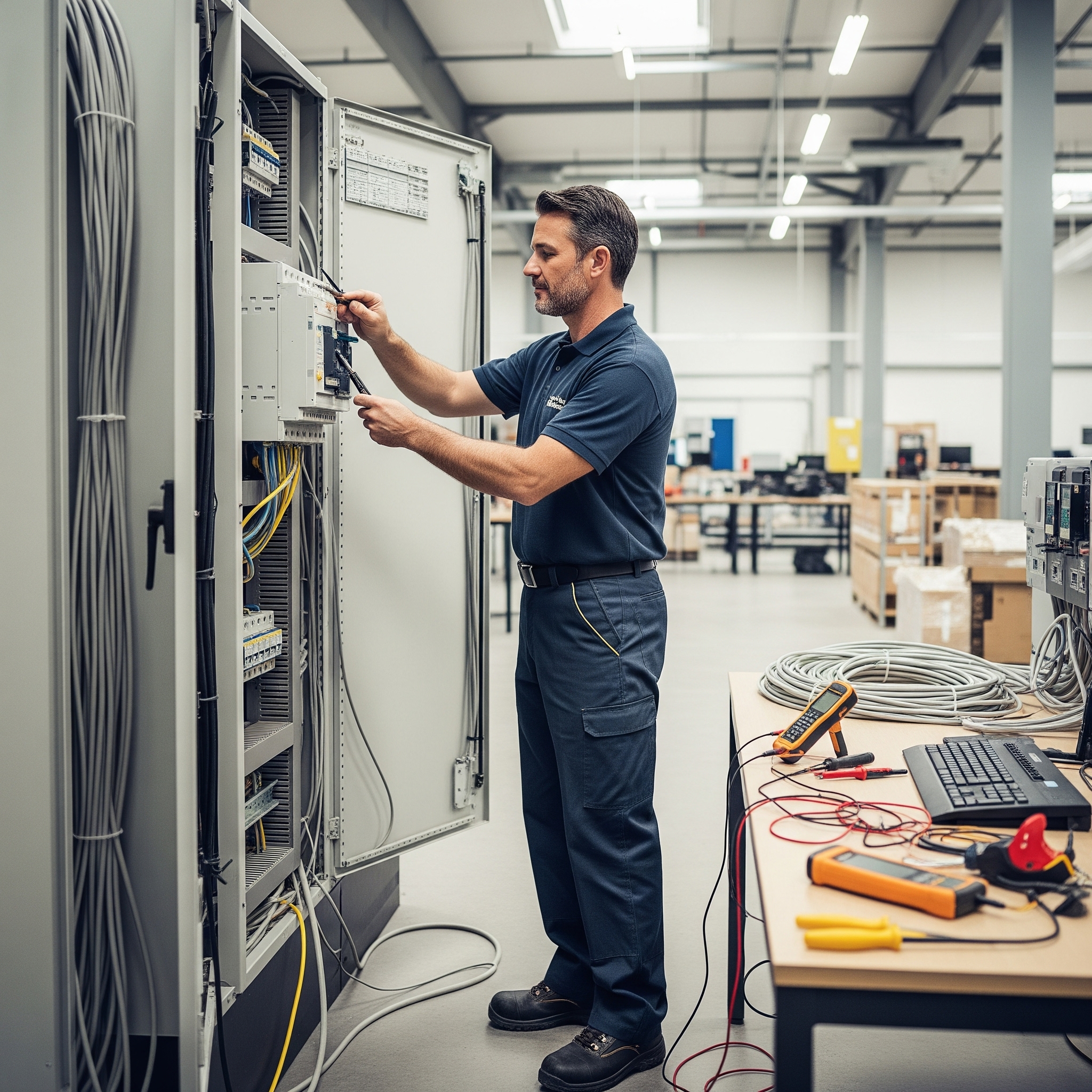 Professional electrician working on electrical panel