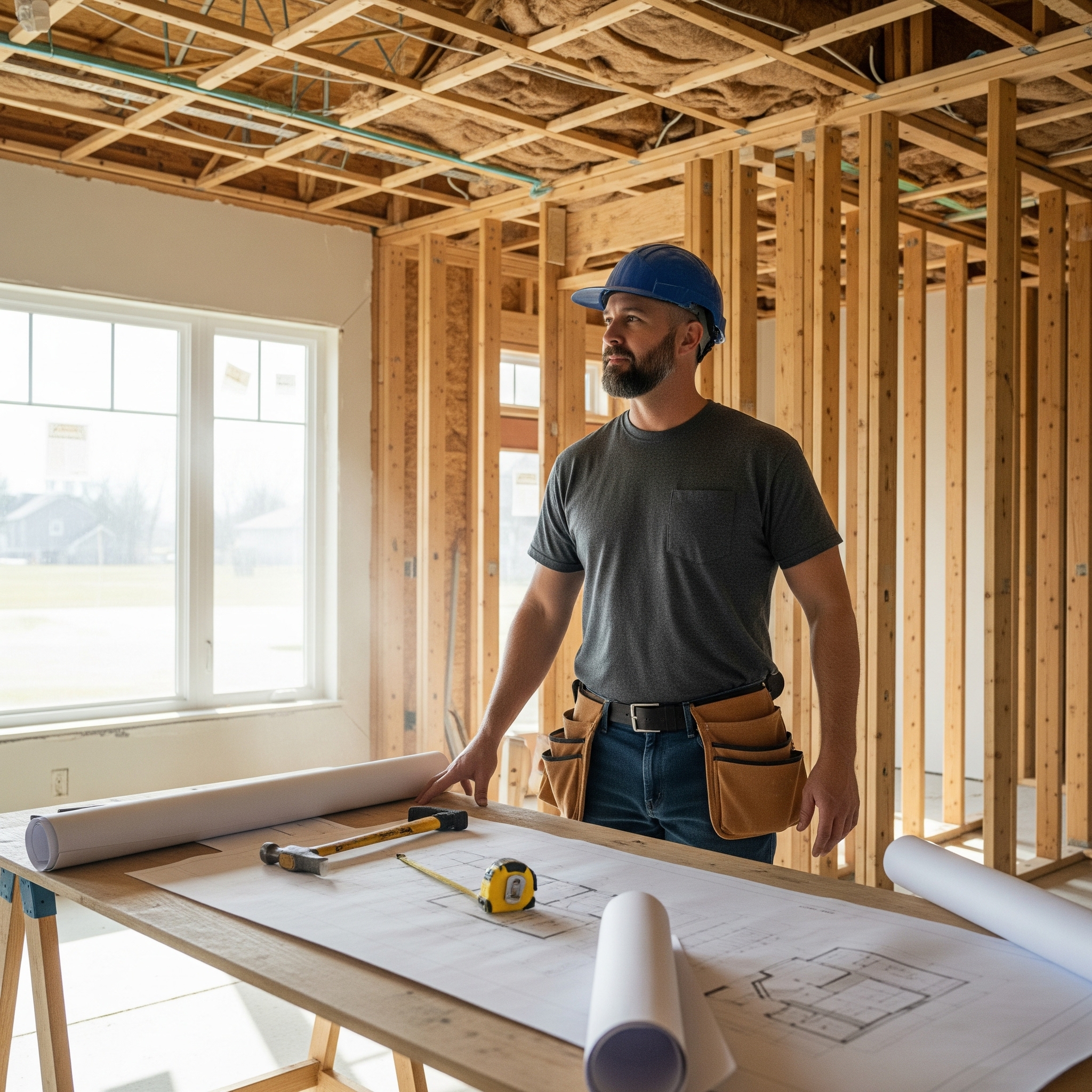 General contractor reviewing blueprints at construction site