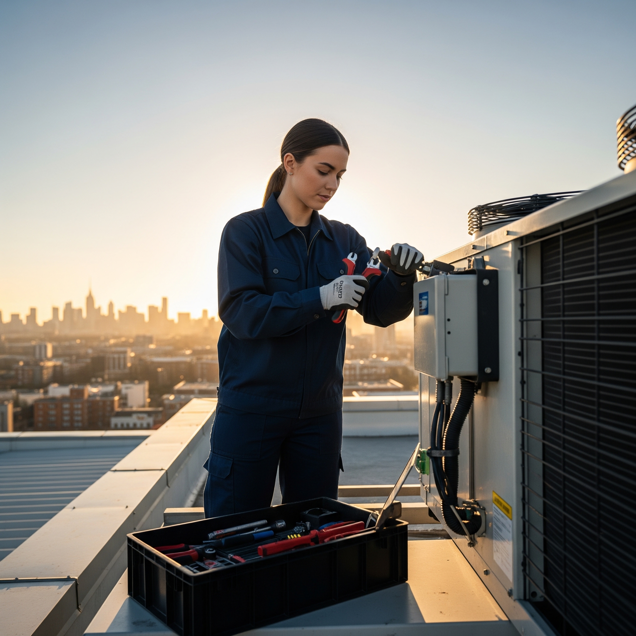 HVAC technician working on rooftop