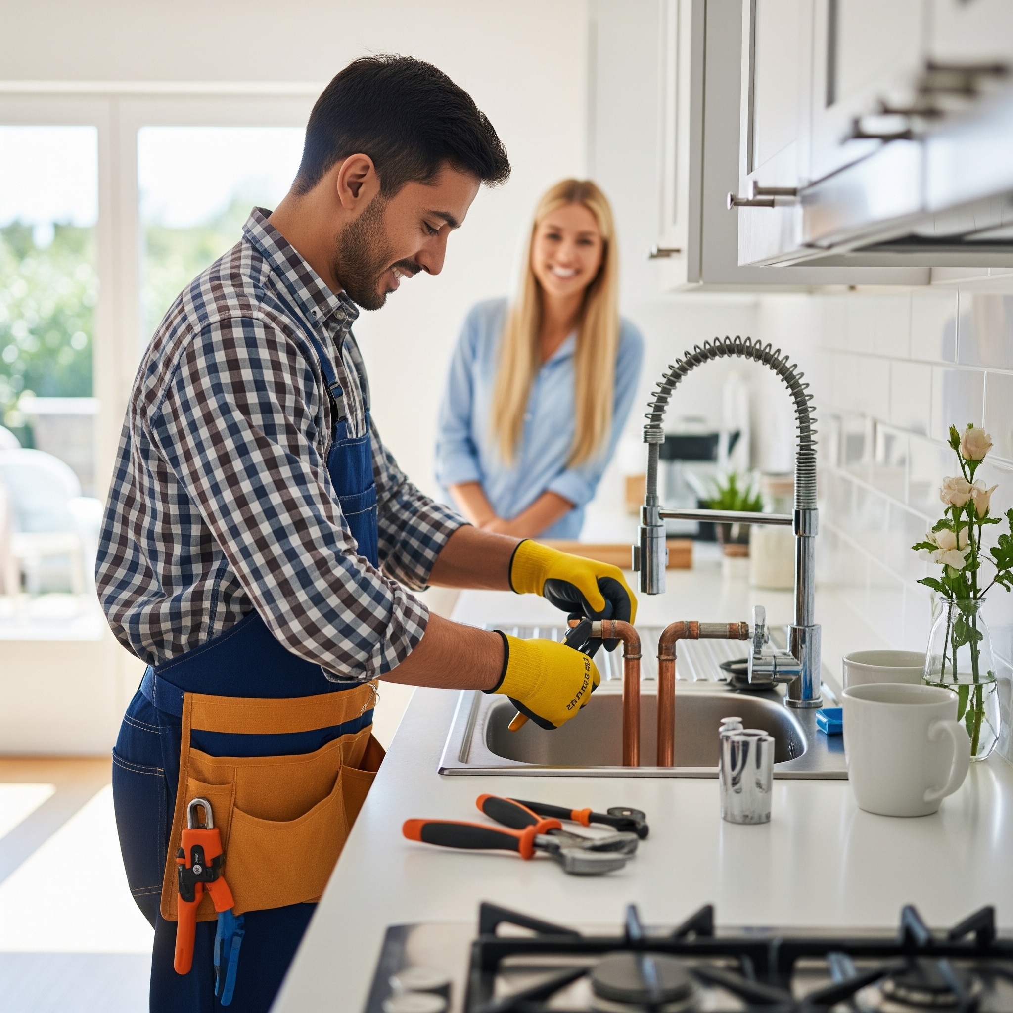Professional plumber working in kitchen