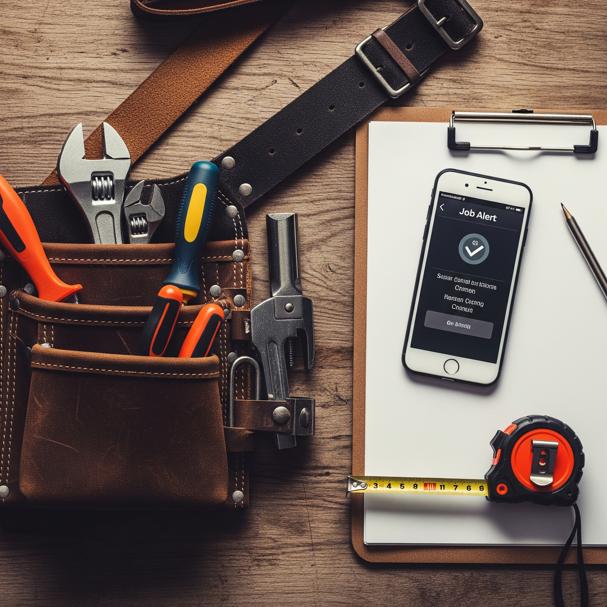 Professional tools and smartphone on wooden surface